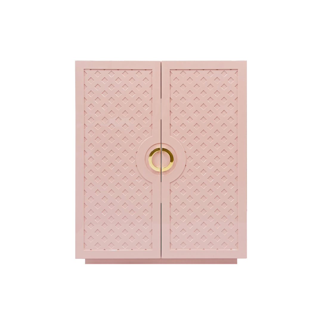 Two Door Cabinet With Lattice Overlay And Brass Circle Hardware In Pink Lacquer - POPPY PI