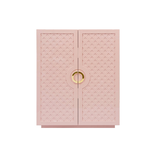 Two Door Cabinet With Lattice Overlay And Brass Circle Hardware In Pink Lacquer - POPPY PI