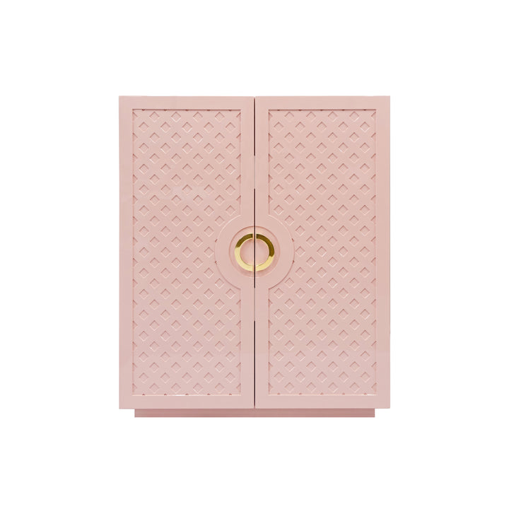 Two Door Cabinet With Lattice Overlay And Brass Circle Hardware In Pink Lacquer - POPPY PI