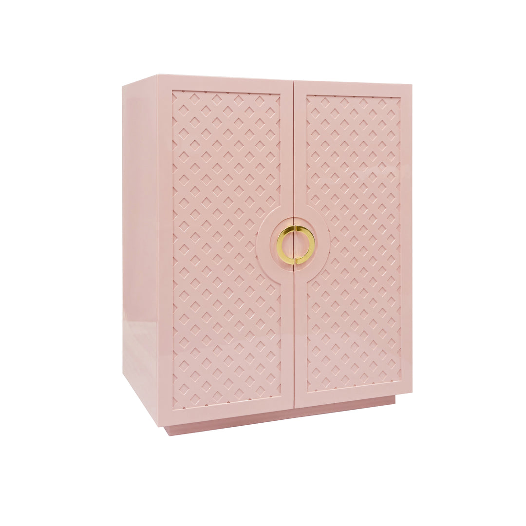 Two Door Cabinet With Lattice Overlay And Brass Circle Hardware In Pink Lacquer - POPPY PI