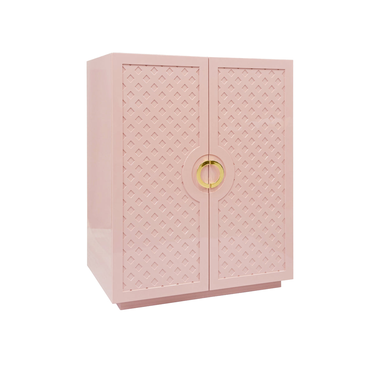 Two Door Cabinet With Lattice Overlay And Brass Circle Hardware In Pink Lacquer - POPPY PI