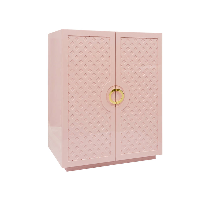 Two Door Cabinet With Lattice Overlay And Brass Circle Hardware In Pink Lacquer - POPPY PI