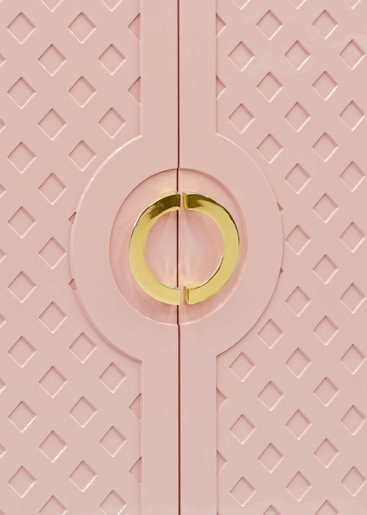 Two Door Cabinet With Lattice Overlay And Brass Circle Hardware In Pink Lacquer - POPPY PI