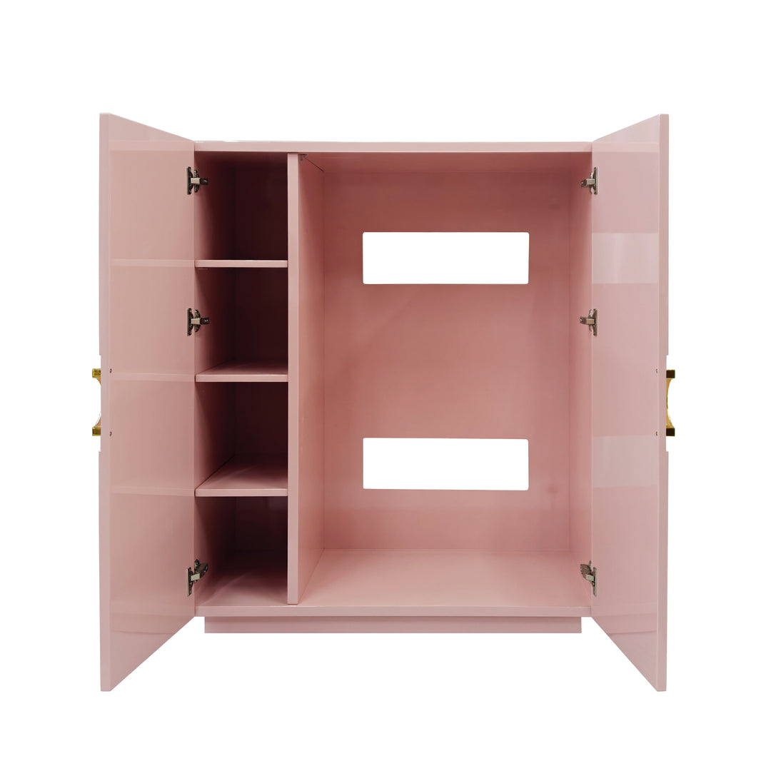 Two Door Cabinet With Lattice Overlay And Brass Circle Hardware In Pink Lacquer - POPPY PI