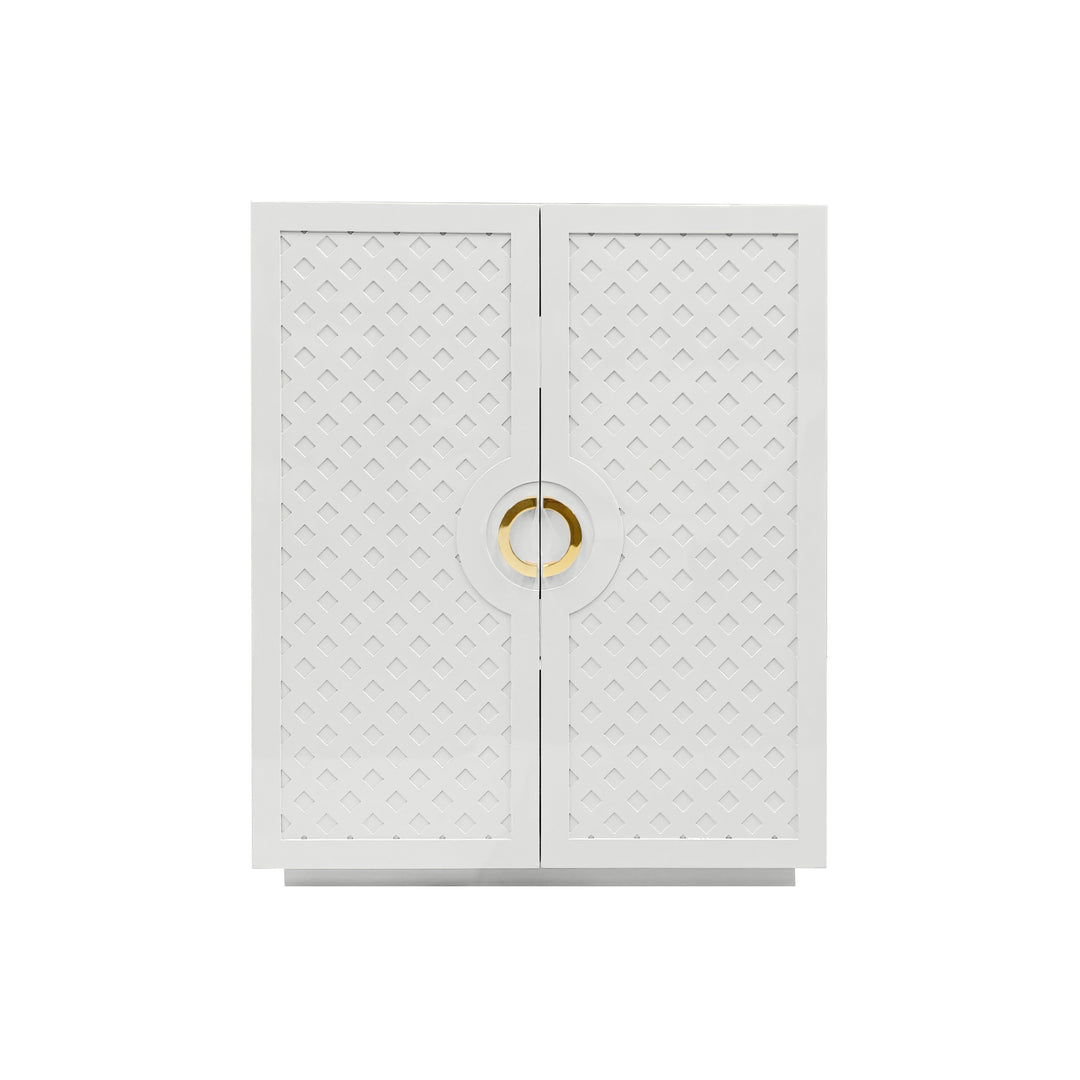 Two Door Cabinet With Lattice Overlay And Brass Circle Hardware In White Lacquer - POPPY WH