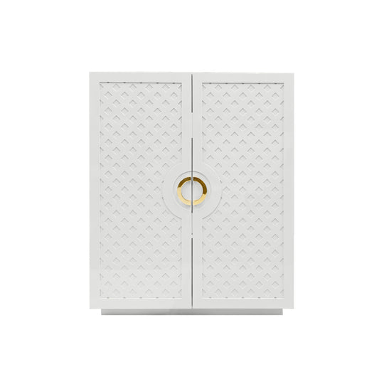 Two Door Cabinet With Lattice Overlay And Brass Circle Hardware In White Lacquer - POPPY WH