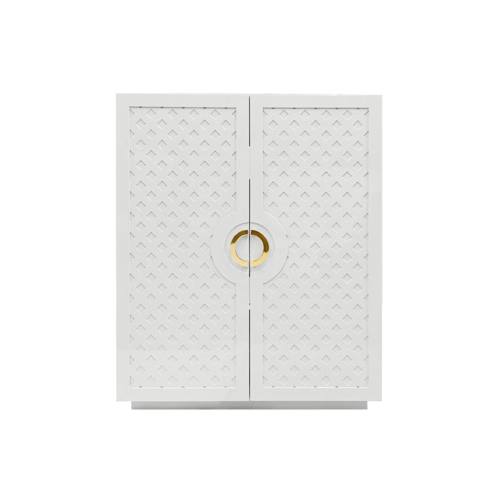 Two Door Cabinet With Lattice Overlay And Brass Circle Hardware In White Lacquer - POPPY WH