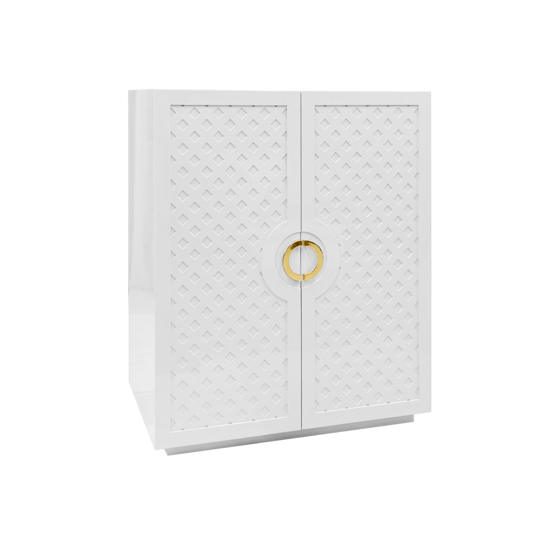 Two Door Cabinet With Lattice Overlay And Brass Circle Hardware In White Lacquer - POPPY WH