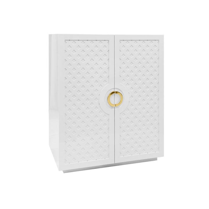 Two Door Cabinet With Lattice Overlay And Brass Circle Hardware In White Lacquer - POPPY WH