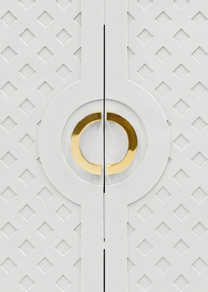 Two Door Cabinet With Lattice Overlay And Brass Circle Hardware In White Lacquer - POPPY WH