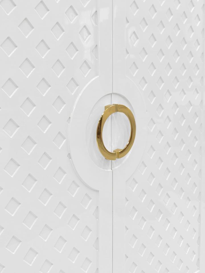 Two Door Cabinet With Lattice Overlay And Brass Circle Hardware In White Lacquer - POPPY WH