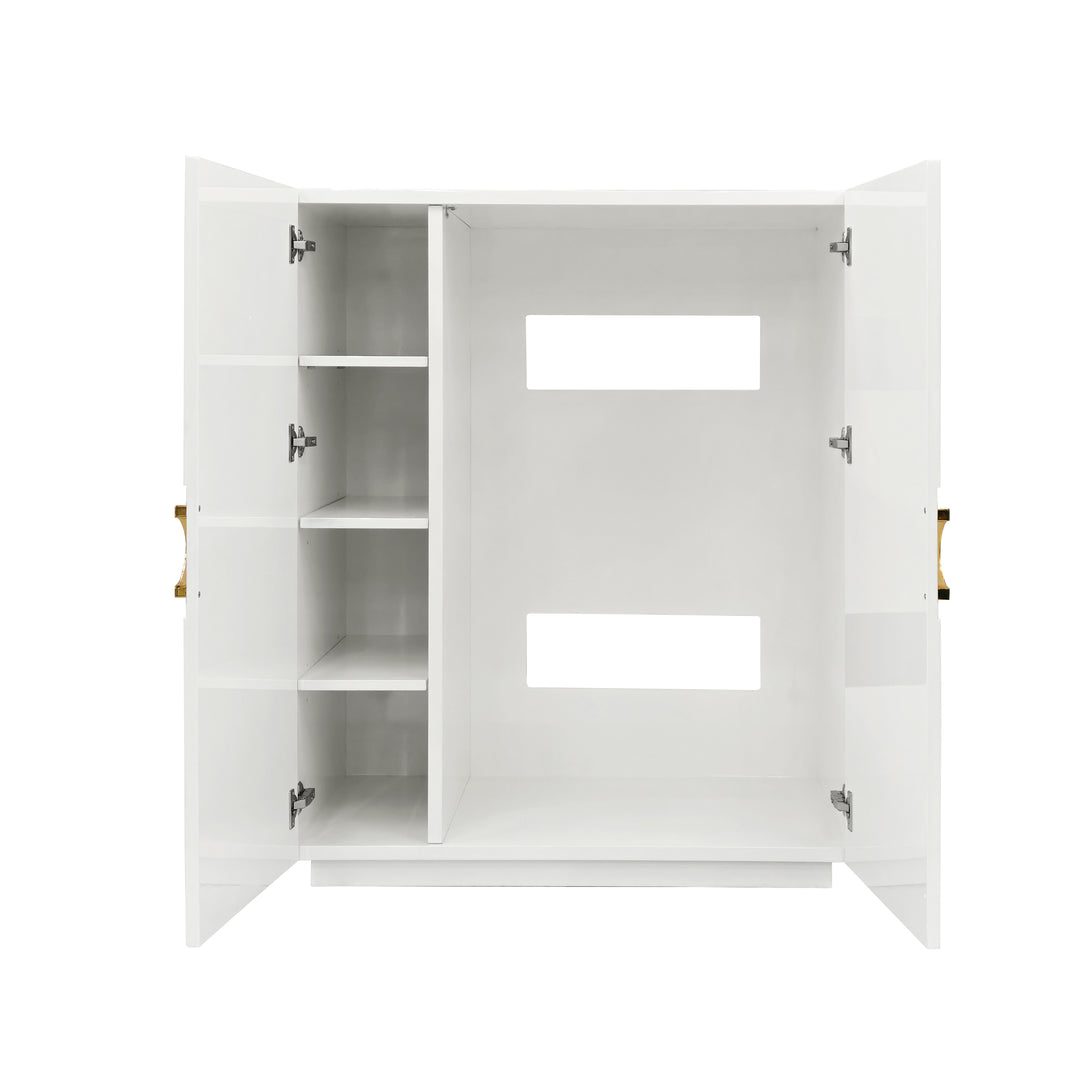 Two Door Cabinet With Lattice Overlay And Brass Circle Hardware In White Lacquer - POPPY WH