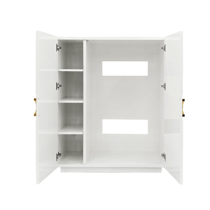 Two Door Cabinet With Lattice Overlay And Brass Circle Hardware In White Lacquer - POPPY WH