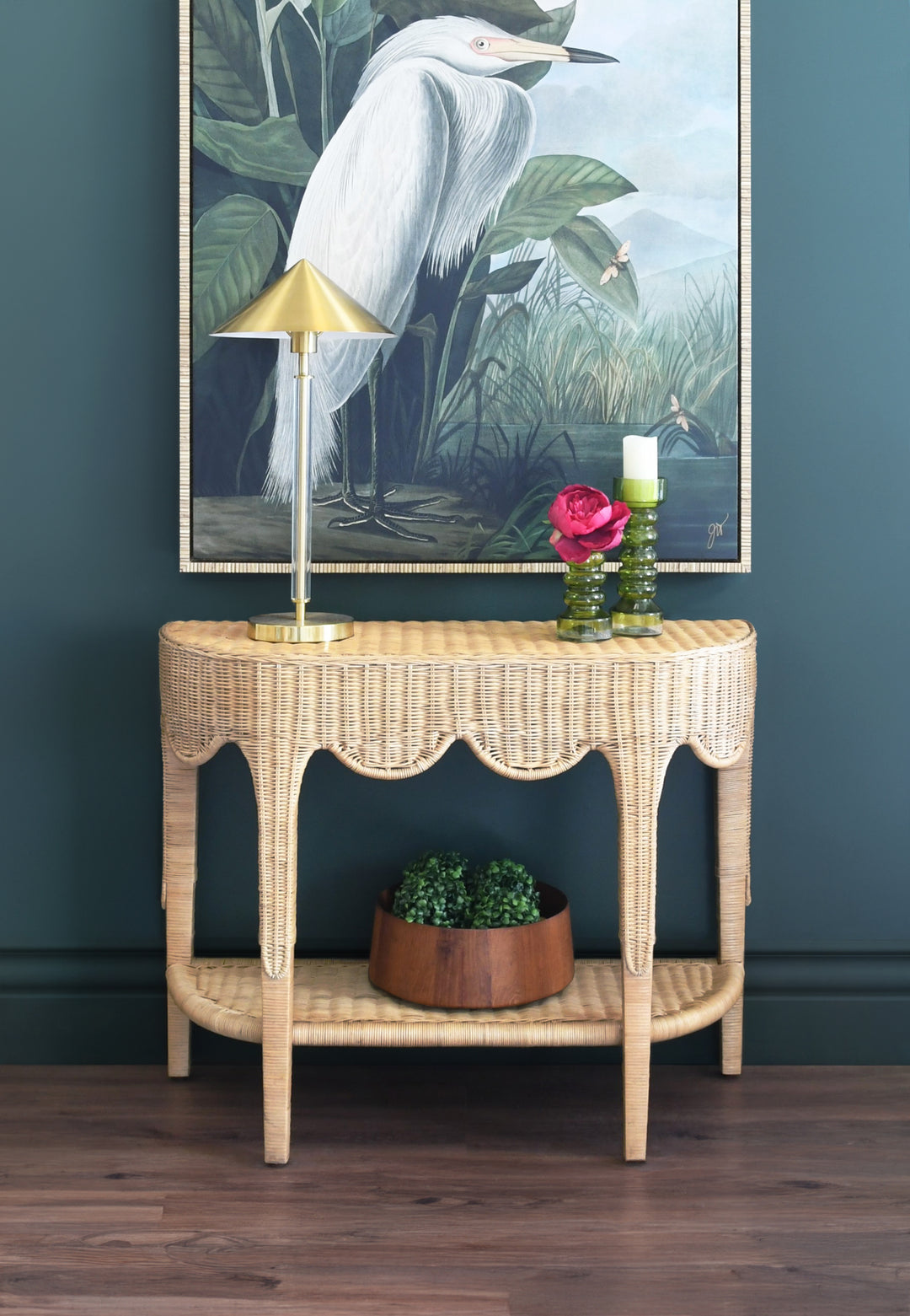 Scalloped Top Demi Lune Console In Woven Rattan With Open Shelf - PALOMA