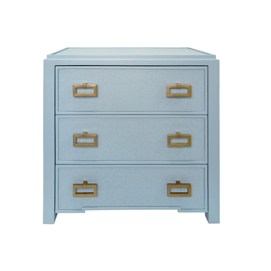 Three Drawer Side Table With Matte Light Blue Frame And Light Blue Grasscloth Drawer Fronts - RADLEY LB