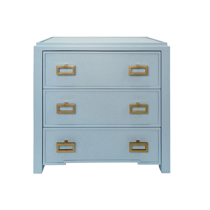 Three Drawer Side Table With Matte Light Blue Frame And Light Blue Grasscloth Drawer Fronts - RADLEY LB