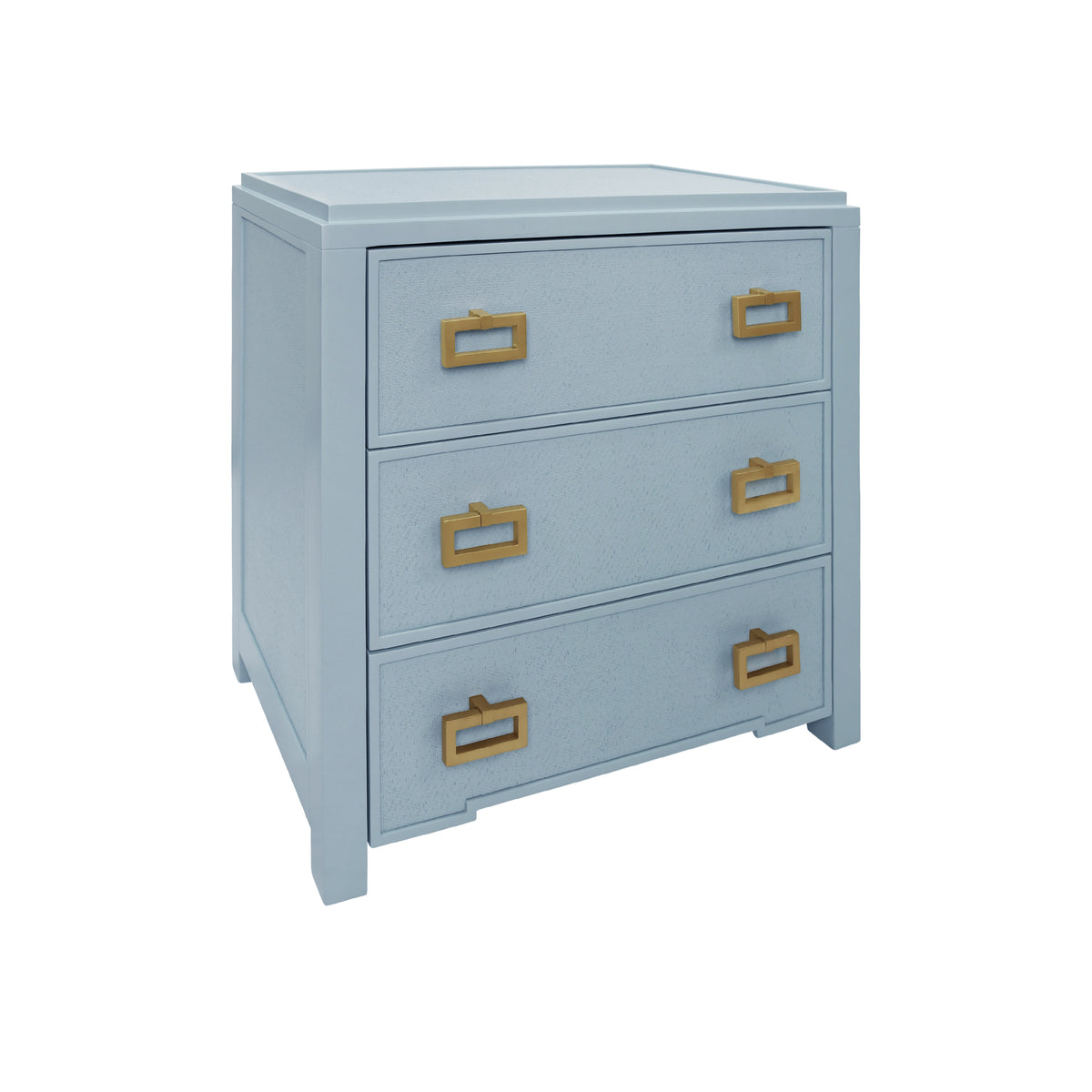 Three Drawer Side Table With Matte Light Blue Frame And Light Blue Grasscloth Drawer Fronts - RADLEY LB