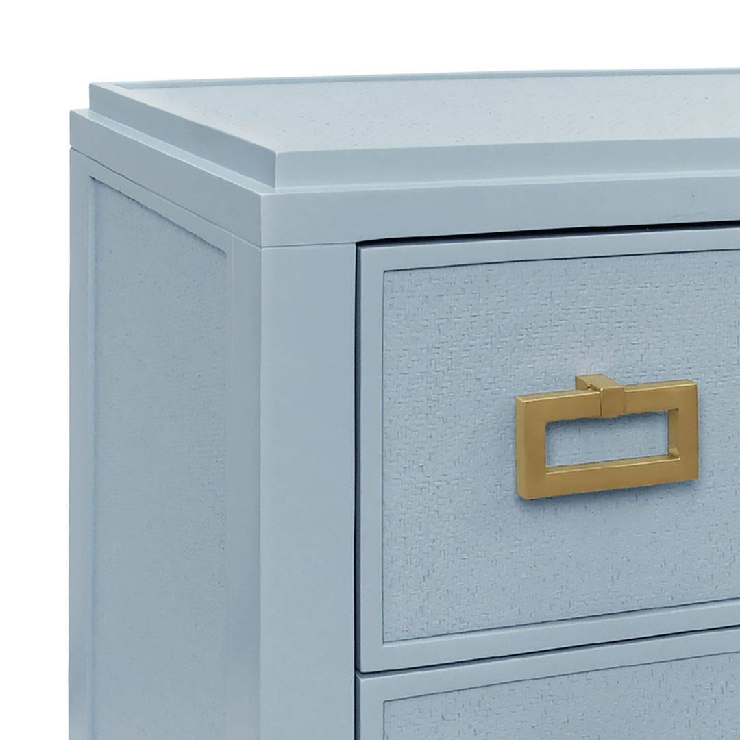 Three Drawer Side Table With Matte Light Blue Frame And Light Blue Grasscloth Drawer Fronts - RADLEY LB