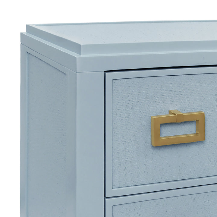 Three Drawer Side Table With Matte Light Blue Frame And Light Blue Grasscloth Drawer Fronts - RADLEY LB