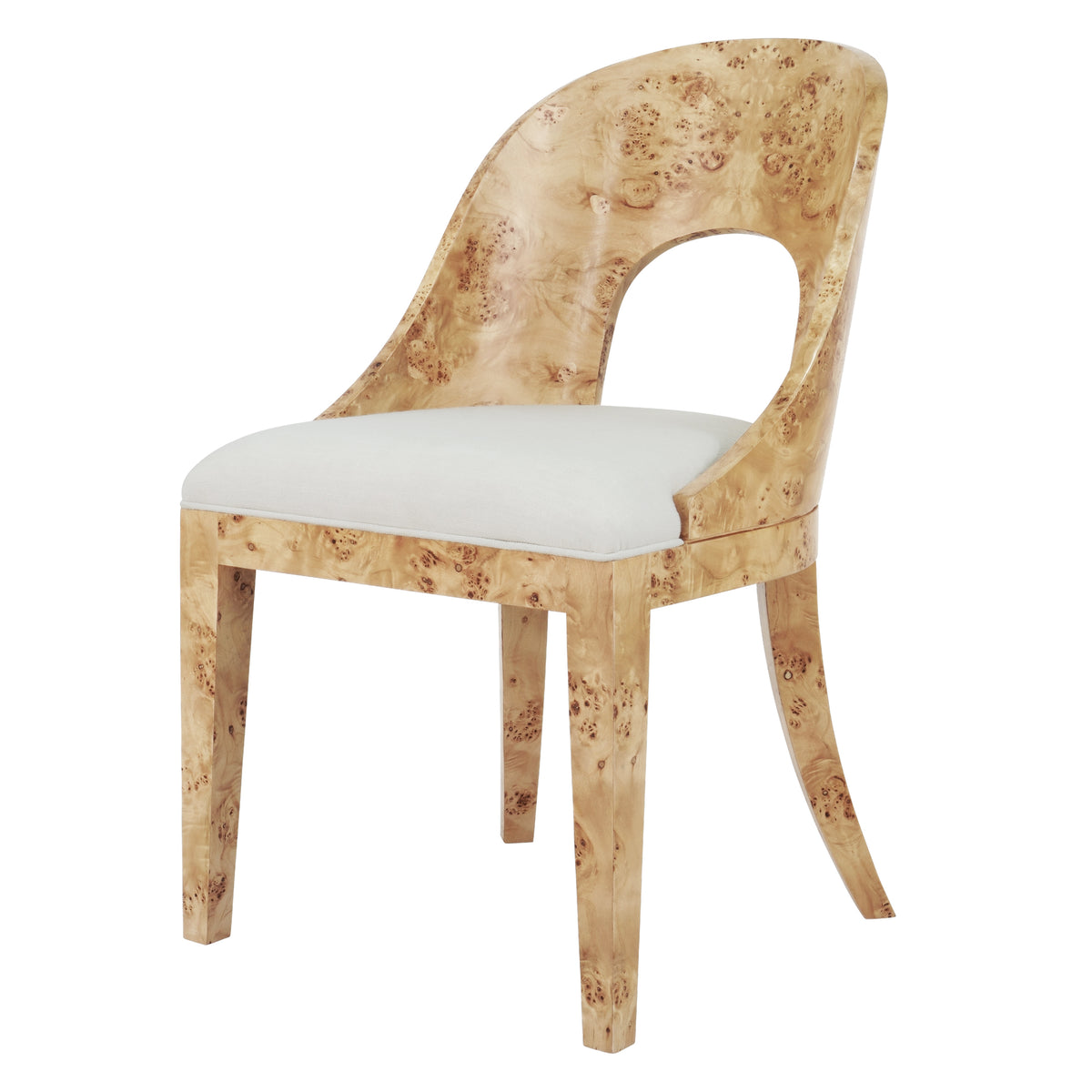 Curved Back Wooden Dining Chair In Burl Wood With Performance White Linen Upholstery - RAFFERTY BW