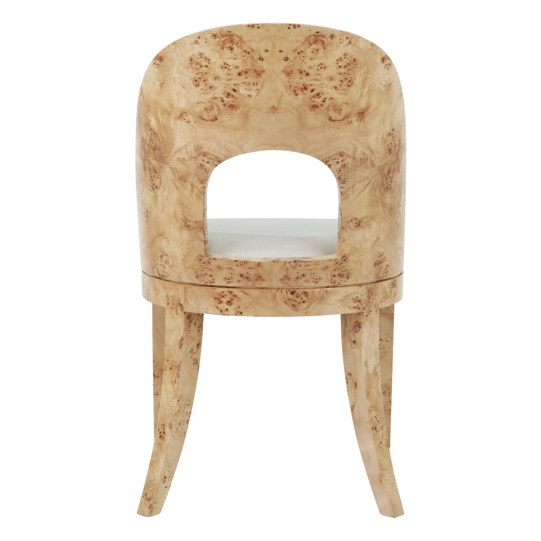 Curved Back Wooden Dining Chair In Burl Wood With Performance White Linen Upholstery - RAFFERTY BW