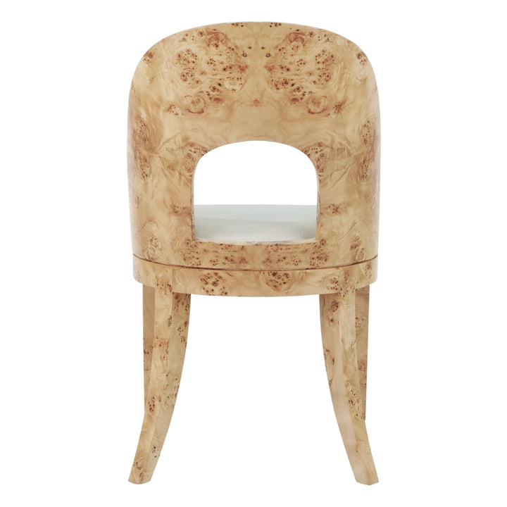 Curved Back Wooden Dining Chair In Burl Wood With Performance White Linen Upholstery - RAFFERTY BW