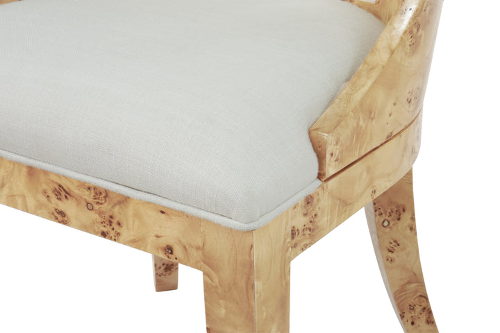 Curved Back Wooden Dining Chair In Burl Wood With Performance White Linen Upholstery - RAFFERTY BW