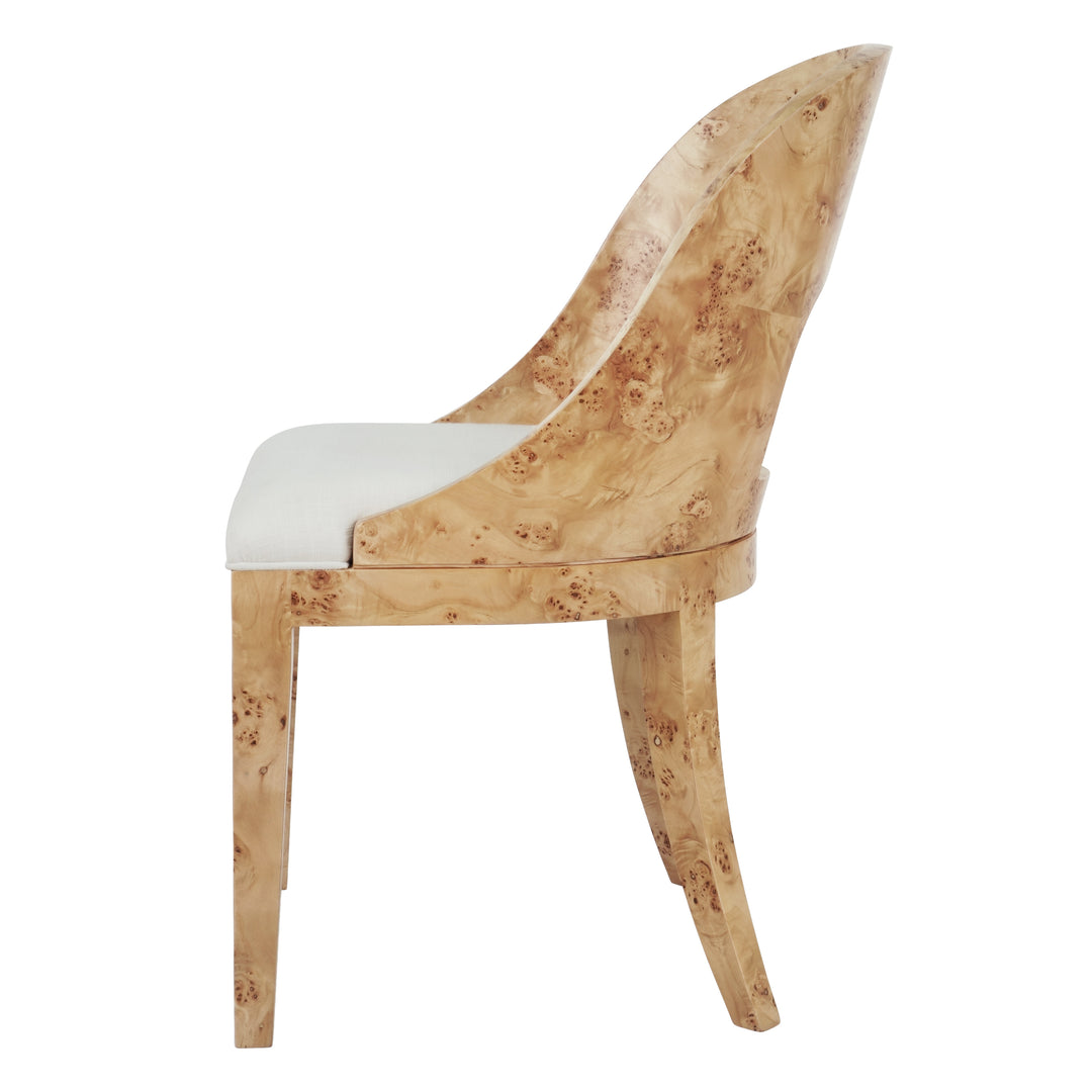 Curved Back Wooden Dining Chair In Burl Wood With Performance White Linen Upholstery - RAFFERTY BW