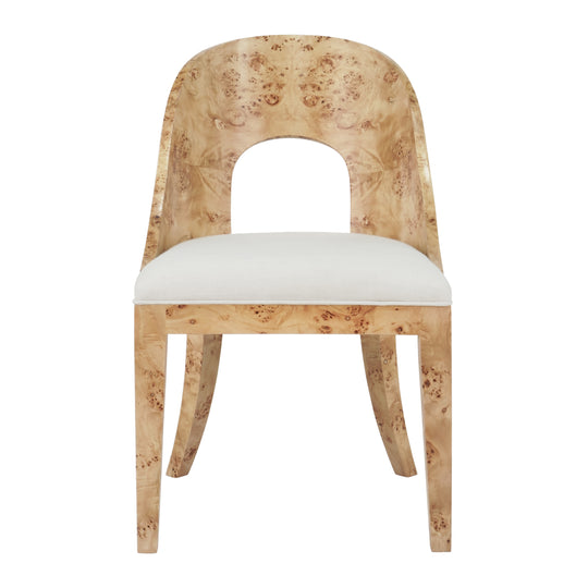 Curved Back Wooden Dining Chair In Burl Wood With Performance White Linen Upholstery - RAFFERTY BW