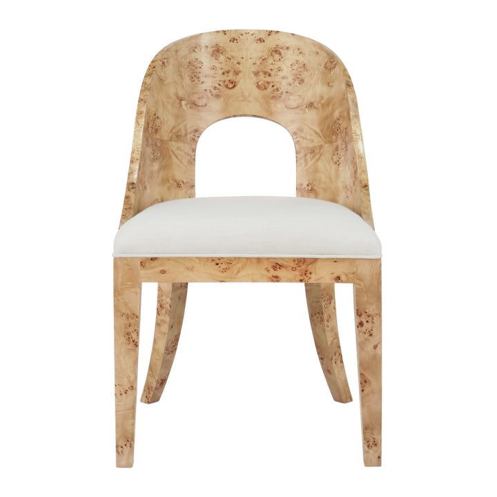 Curved Back Wooden Dining Chair In Burl Wood With Performance White Linen Upholstery - RAFFERTY BW