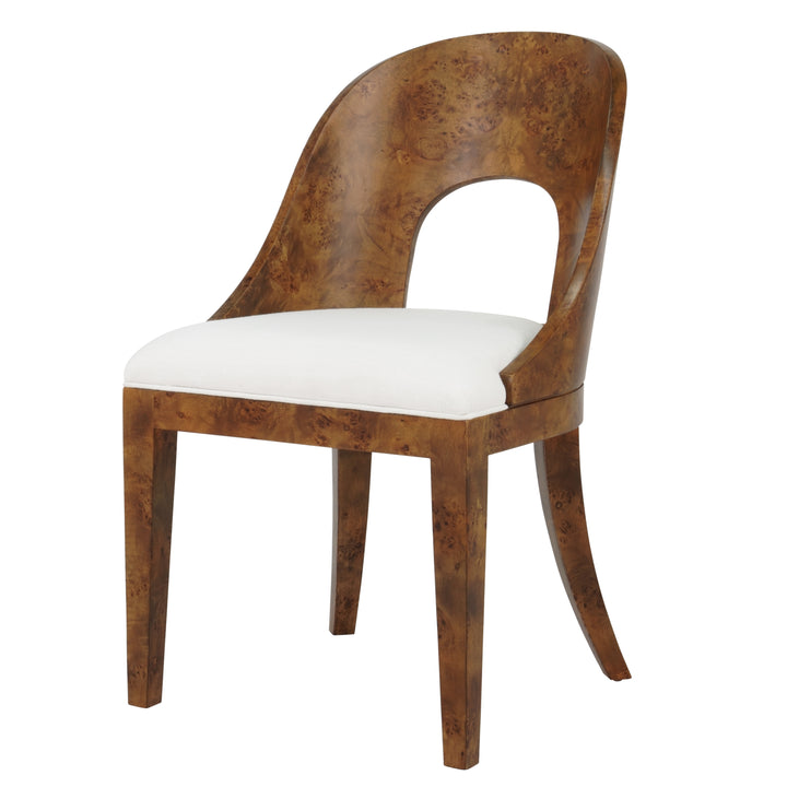 Curved Back Wooden Dining Chair In Dark Burl Wood With Performance White Linen Upholstery - RAFFERTY DBW
