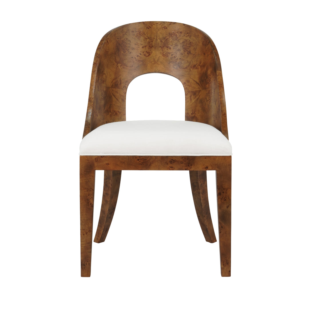 Curved Back Wooden Dining Chair In Dark Burl Wood With Performance White Linen Upholstery - RAFFERTY DBW