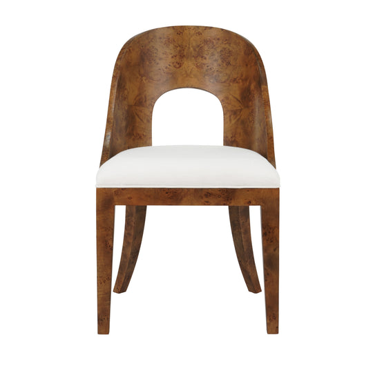 Curved Back Wooden Dining Chair In Dark Burl Wood With Performance White Linen Upholstery - RAFFERTY DBW
