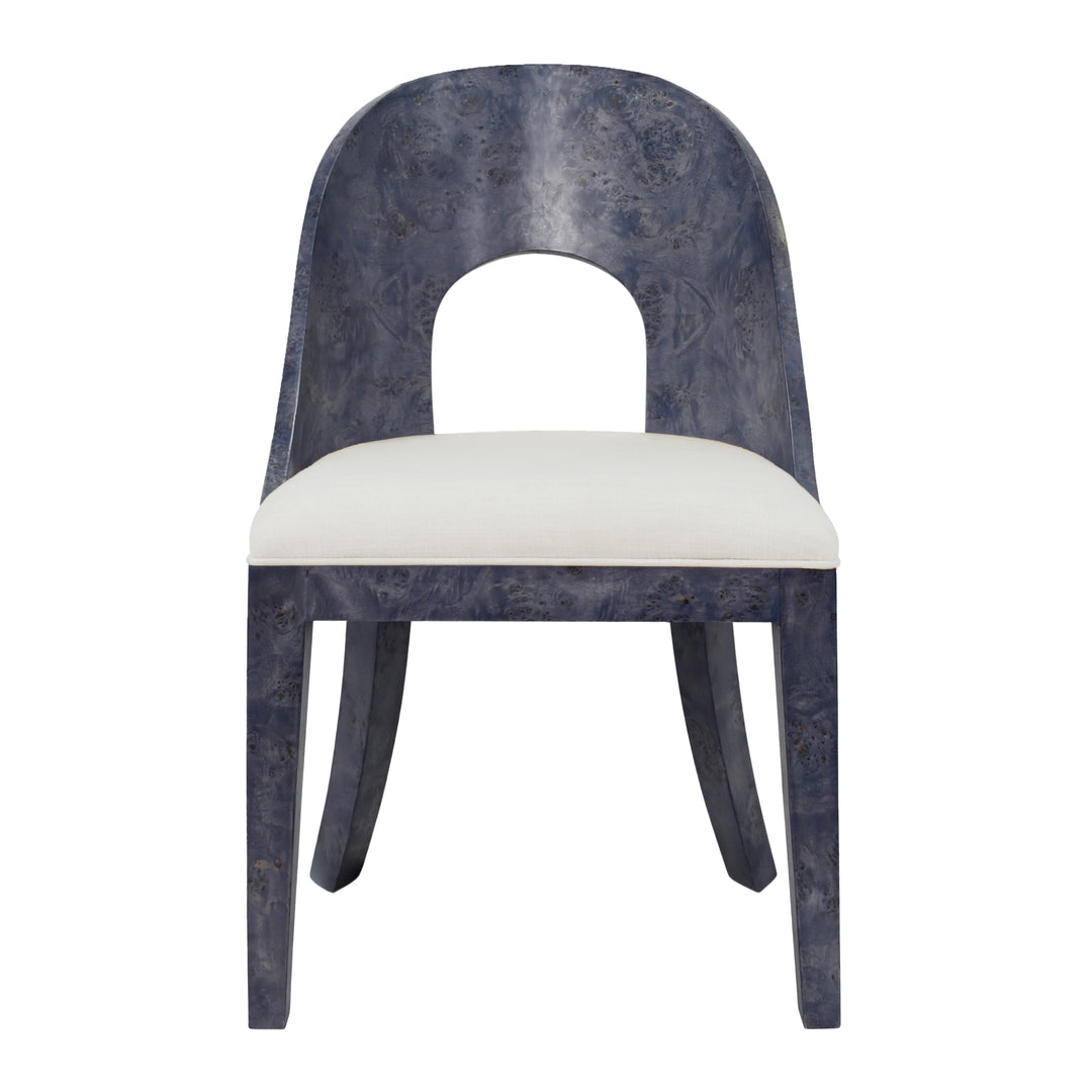 Curved Back Wooden Dining Chair In Navy Burl Wood With Permormance White Linen Upholstery - RAFFERTY NVYBW