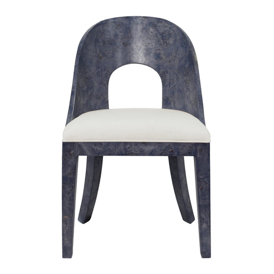 Curved Back Wooden Dining Chair In Navy Burl Wood With Permormance White Linen Upholstery - RAFFERTY NVYBW