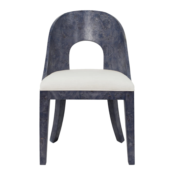 Curved Back Wooden Dining Chair In Navy Burl Wood With Permormance White Linen Upholstery - RAFFERTY NVYBW