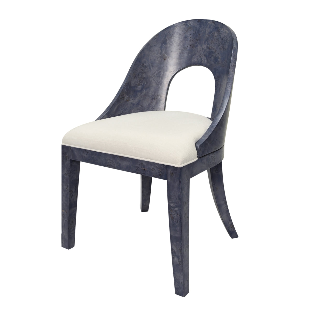 Curved Back Wooden Dining Chair In Navy Burl Wood With Permormance White Linen Upholstery - RAFFERTY NVYBW