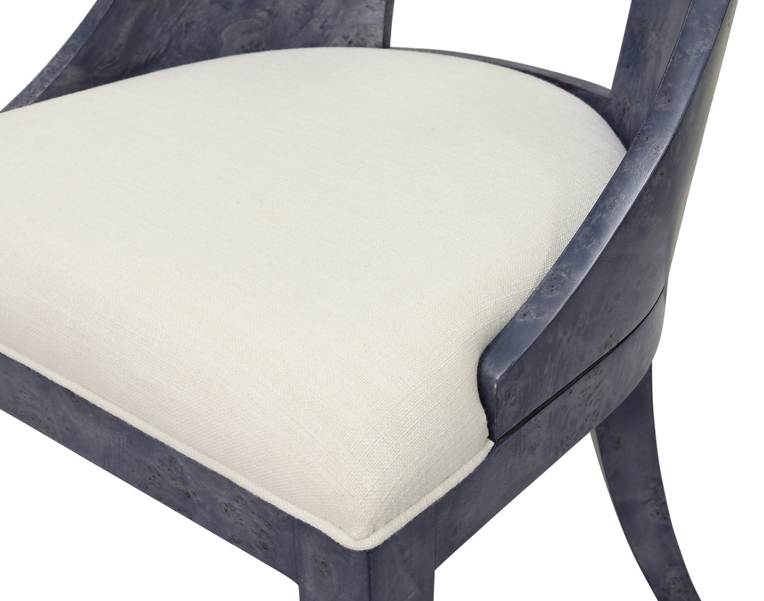 Curved Back Wooden Dining Chair In Navy Burl Wood With Permormance White Linen Upholstery - RAFFERTY NVYBW