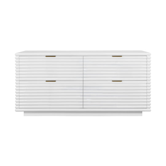 Four Drawer Chest With Antique Brass Hardware And Large Horizontal Reeds In White Lacquer - RANGER WH