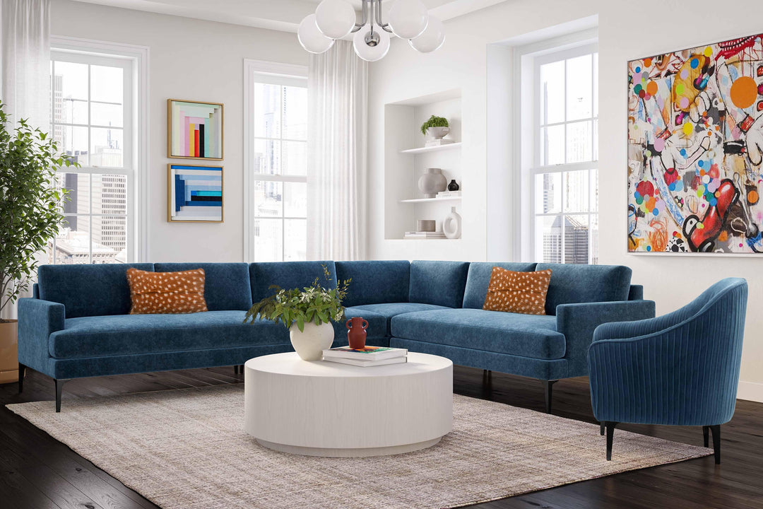 American Home Furniture | TOV Furniture - Serena Blue Velvet Large L-Sectional with Black Legs