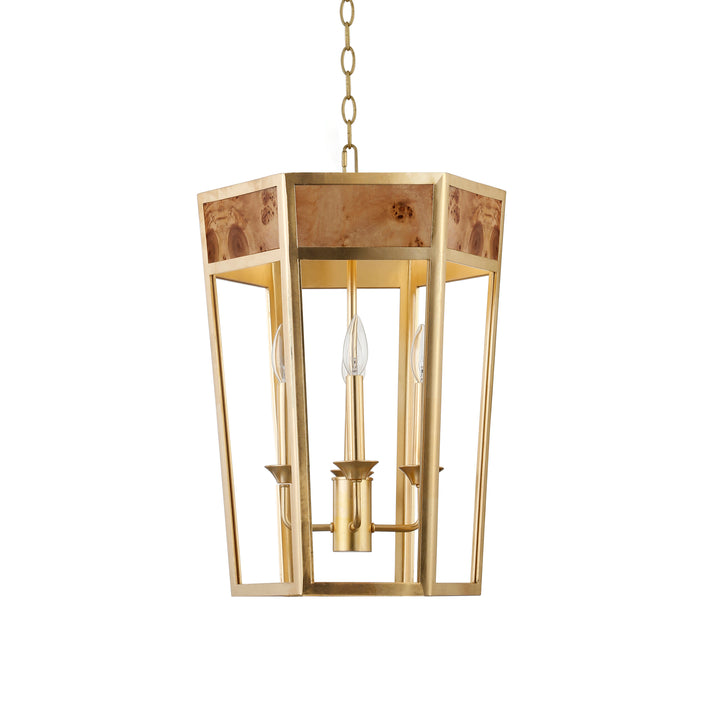 4-Light Hexagon Pendant With Gold Metal Frame And Inset Burl Wood - REN G