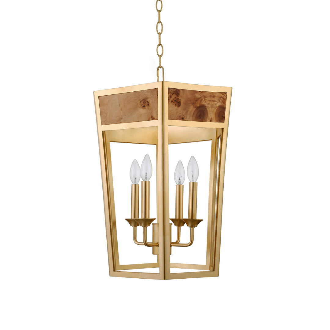 4-Light Hexagon Pendant With Gold Metal Frame And Inset Burl Wood - REN G