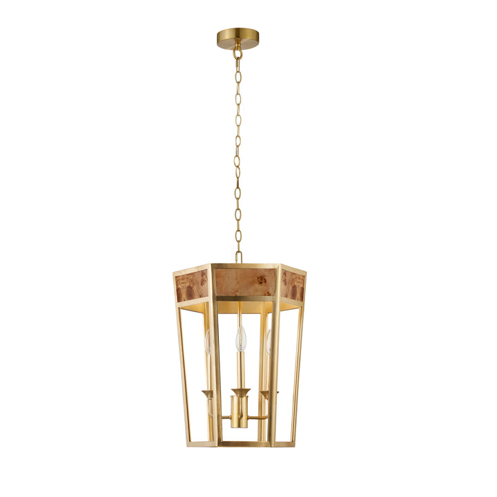 4-Light Hexagon Pendant With Gold Metal Frame And Inset Burl Wood - REN G