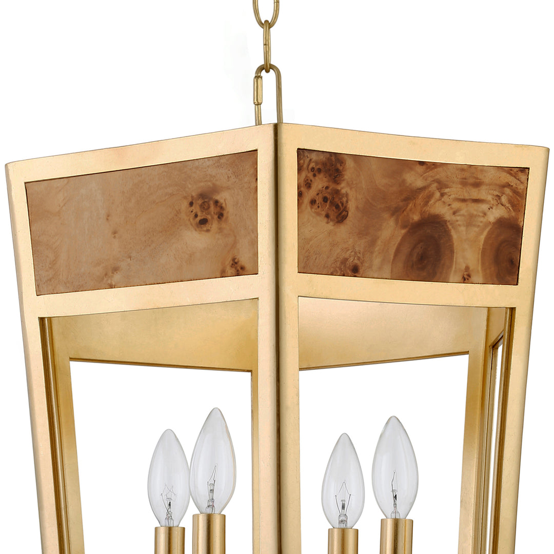 4-Light Hexagon Pendant With Gold Metal Frame And Inset Burl Wood - REN G
