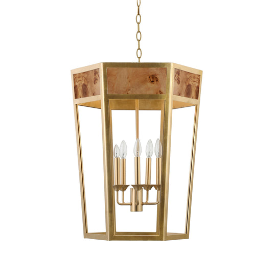 5-Light Hexagon Pendant With Gold Metal Frame And Inset Burl Wood - REYNOLDS G