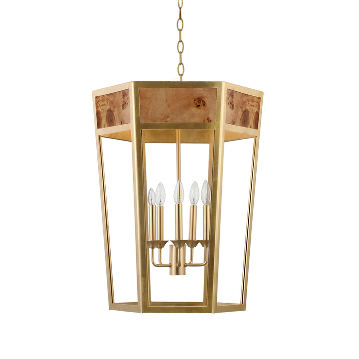 5-Light Hexagon Pendant With Gold Metal Frame And Inset Burl Wood - REYNOLDS G