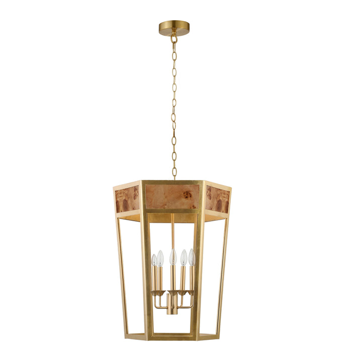 5-Light Hexagon Pendant With Gold Metal Frame And Inset Burl Wood - REYNOLDS G