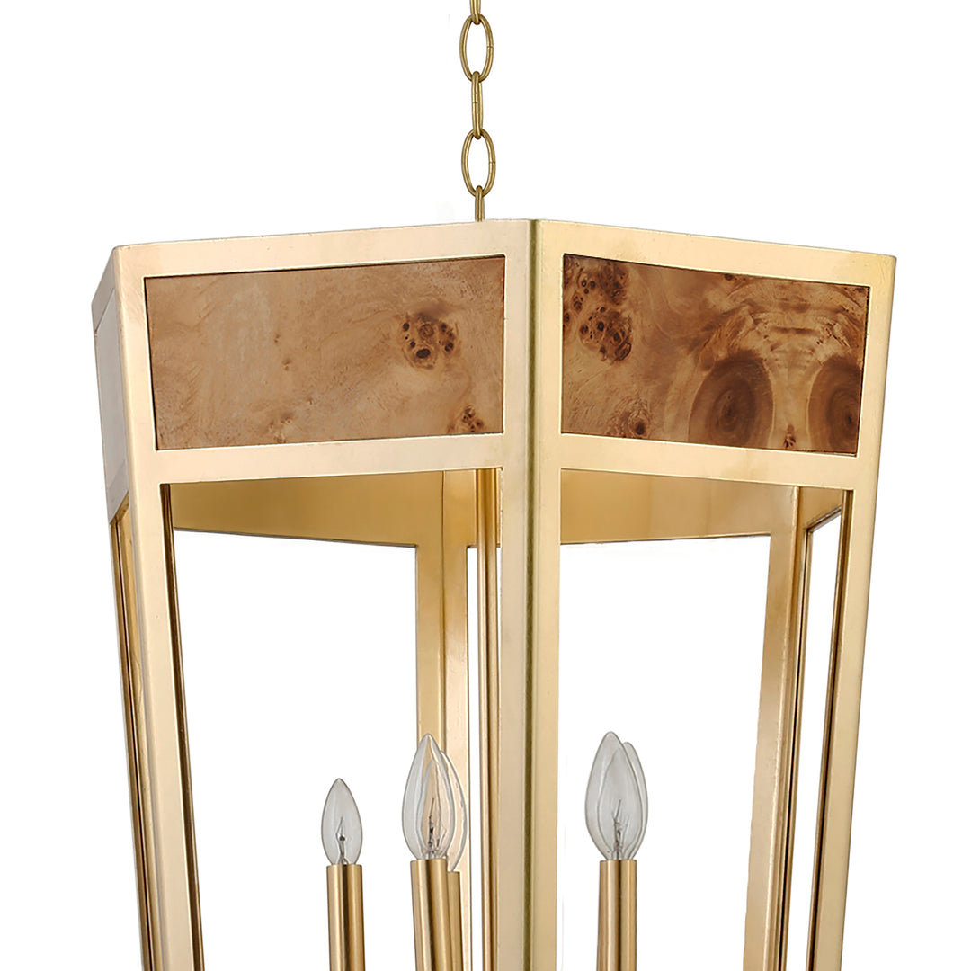 5-Light Hexagon Pendant With Gold Metal Frame And Inset Burl Wood - REYNOLDS G