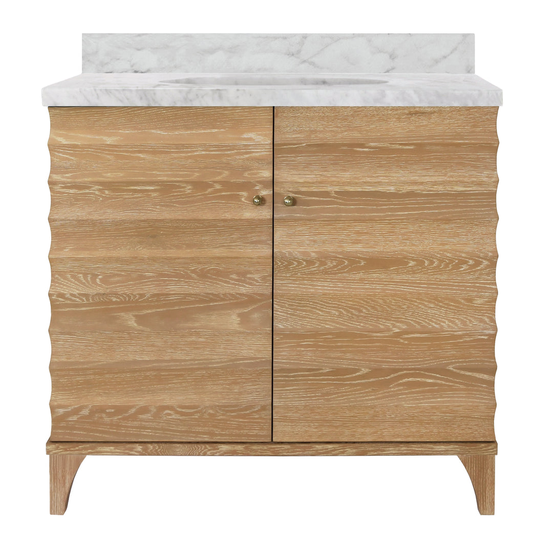 Bath Vanity With Horizontal Fluted Detail In Cerused Oak With White Marble Top, Porcelain Sink, And Polished Brass Knobs - RHODES CO