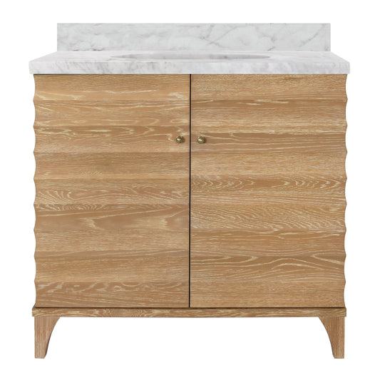 Bath Vanity With Horizontal Fluted Detail In Cerused Oak With White Marble Top, Porcelain Sink, And Polished Brass Knobs - RHODES CO